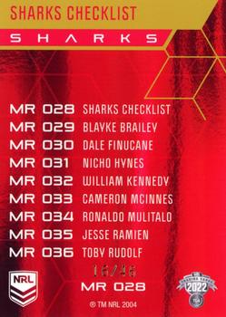 2022 NRL Elite - Mojo Ruby #MR 028 Cronulla Sharks Checklist Back